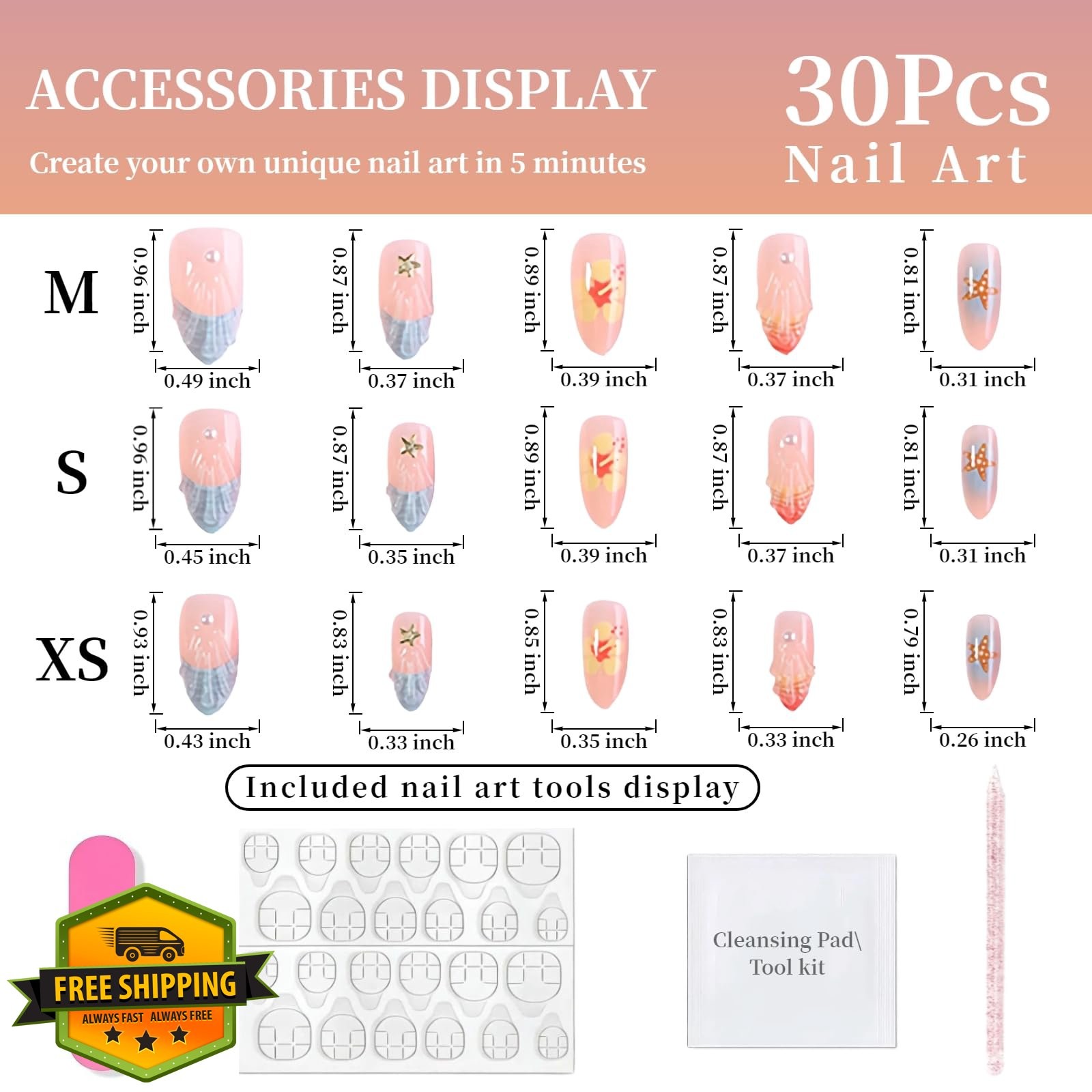 Tephrent Medium Almond French Tip Press on Nails Starfish