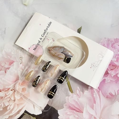 Black Amber Press on Nails Almond Fake Nails Medium Length Gold Foil style2