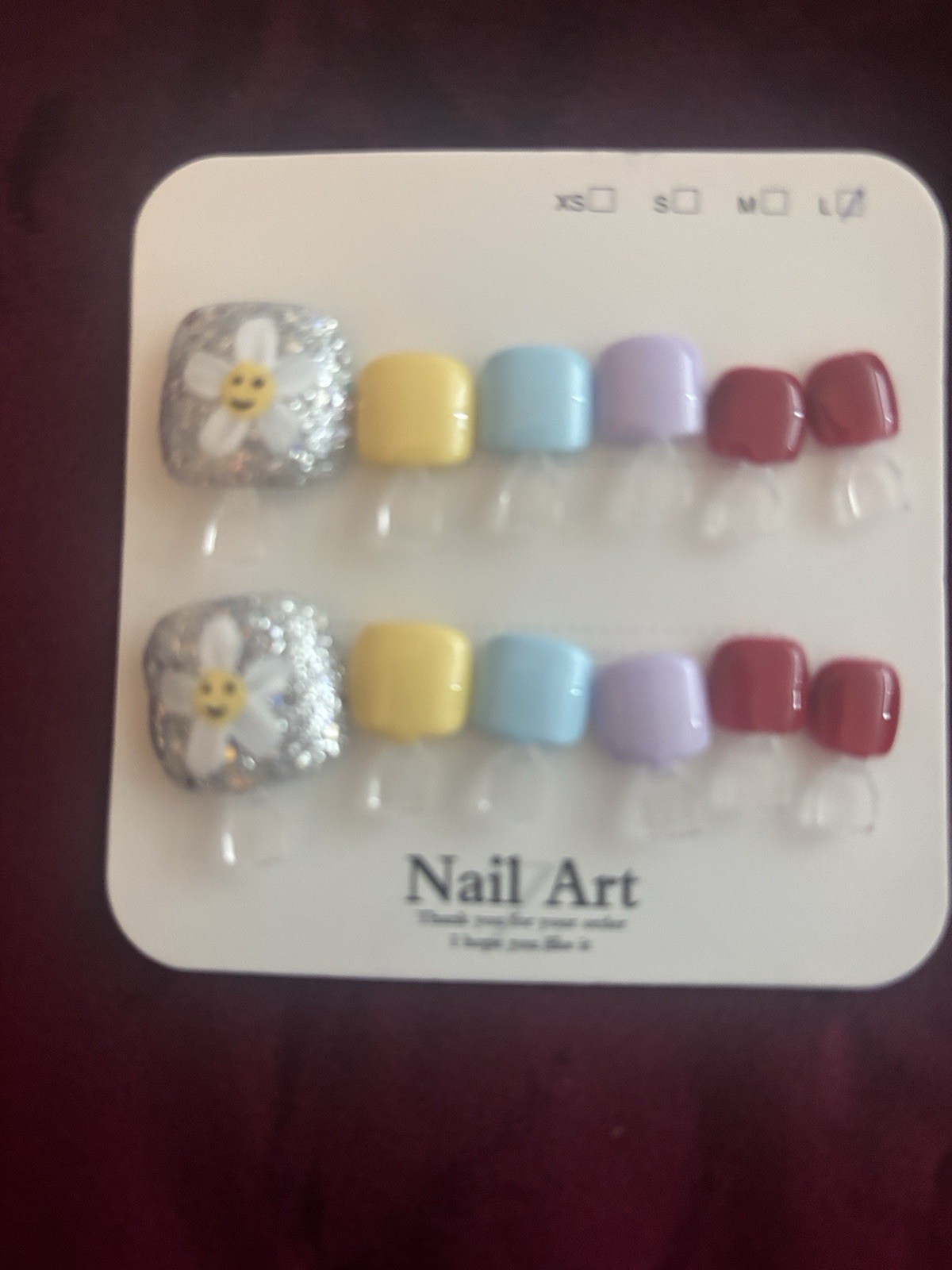 Press-On Nails Set Multicolor Silver Glitter Flowers Pre-Designed Short Square