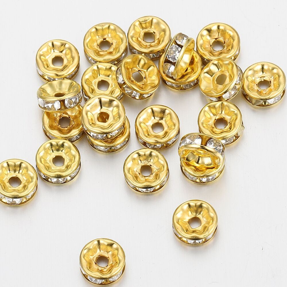 100 Golden Clear Crystal Rhinestone Rondelle Spacers Beads 6mm 8mm 10mm