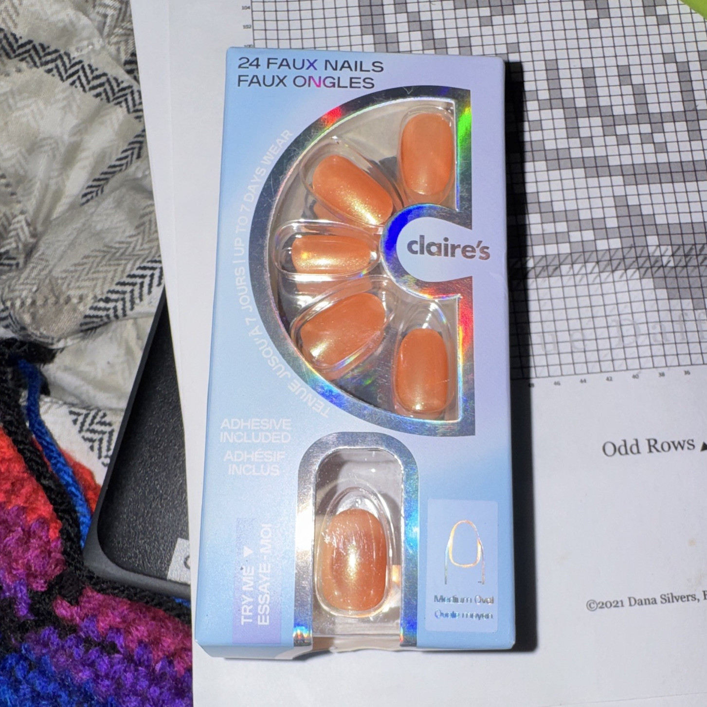 Claire’s Press-On Nails 24pc Orange Shiny Oval Medium, Pre-Designed Adhesive