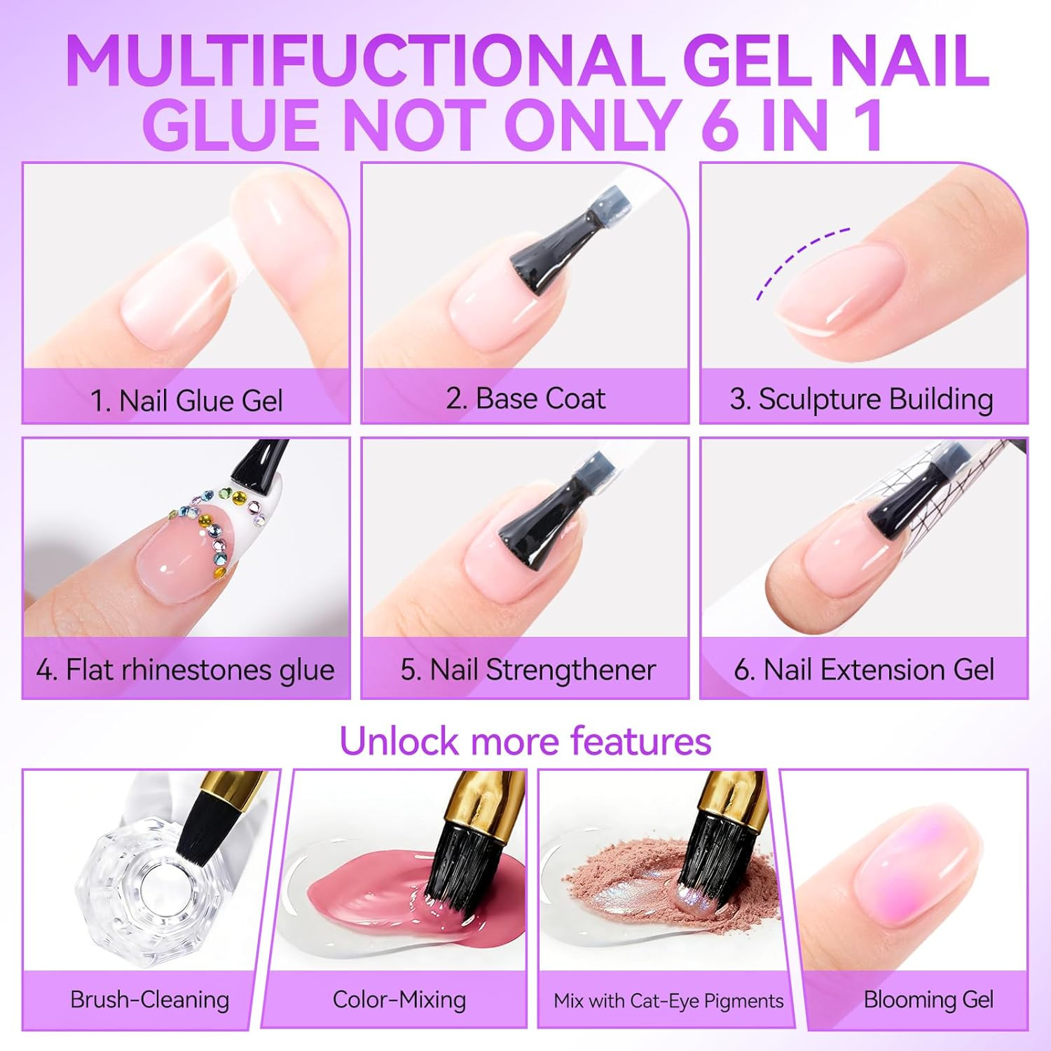 Gel Nail Glue for Press Ons: 6 in 1 Strong UV Nail Glue for Nail Tips and Acryli
