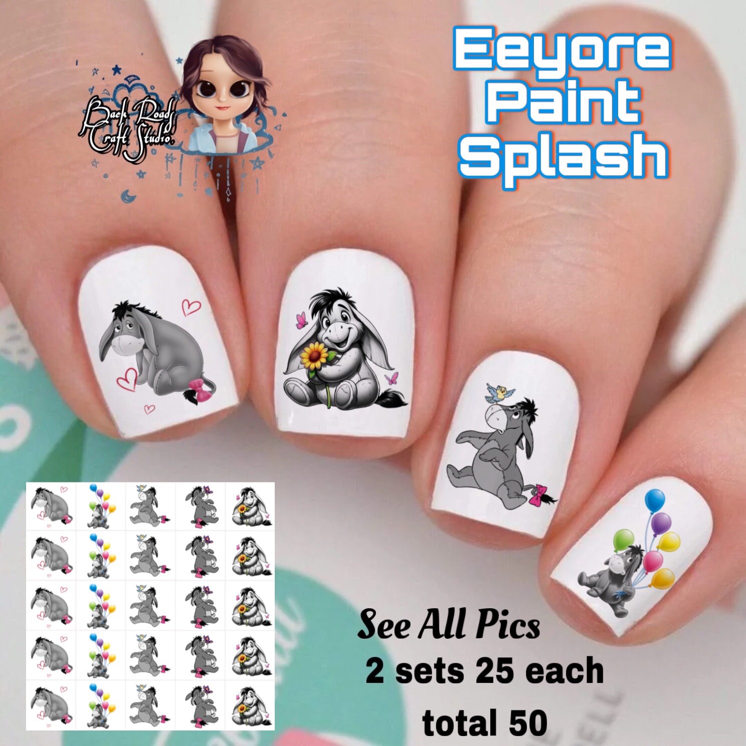 Eeyore Paint Splash Waterslide Nail Art Decals Set Of 50, Instructions Bonus