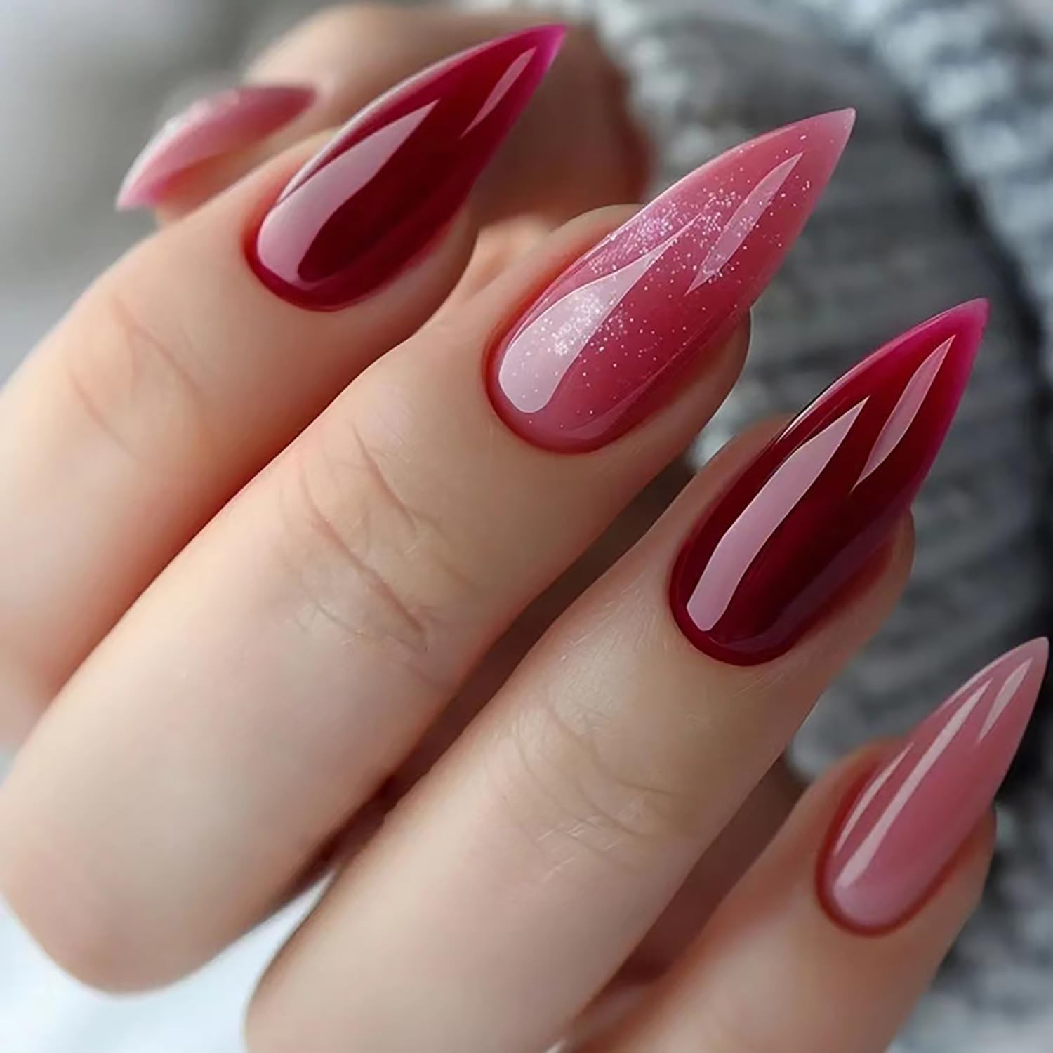 Press on Nails Long Length Almond Tip False Nails Red Gradient Glitter Powder…