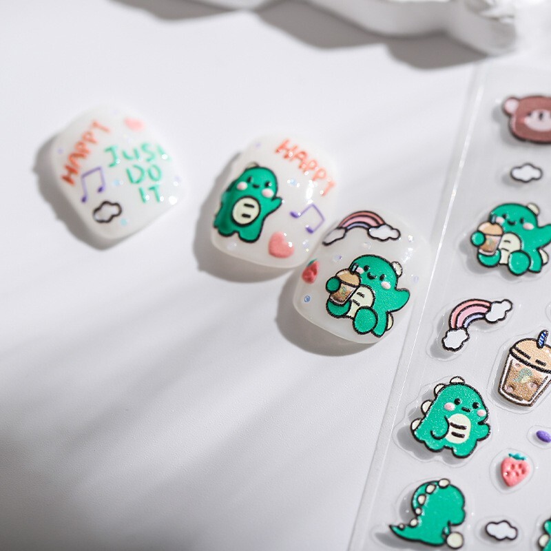 5D Cute Dinosaur Nail Stickers, Cartoon Dinosaur Nail Decals, Bubble Tea (24)