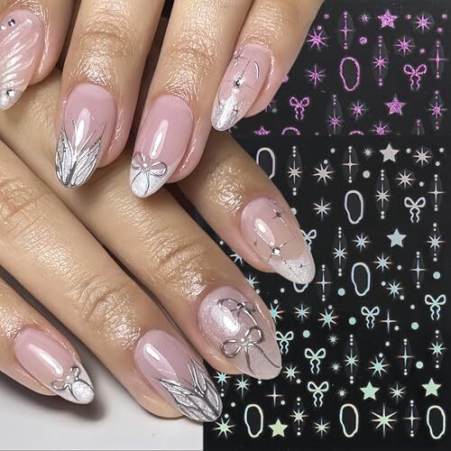 8 Sheets Star Nail Art Stickers Decals 3D Gold Silver Purple Laser Star Bow