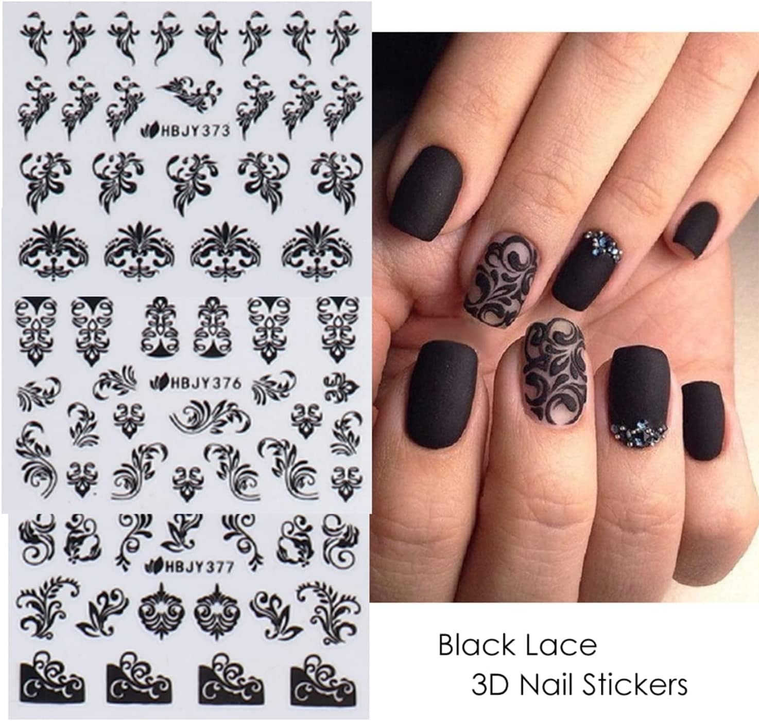 Black Flowers Nail Stickers, Floral Nail Art Decal 3D Self-Adhesive Lace Retr…