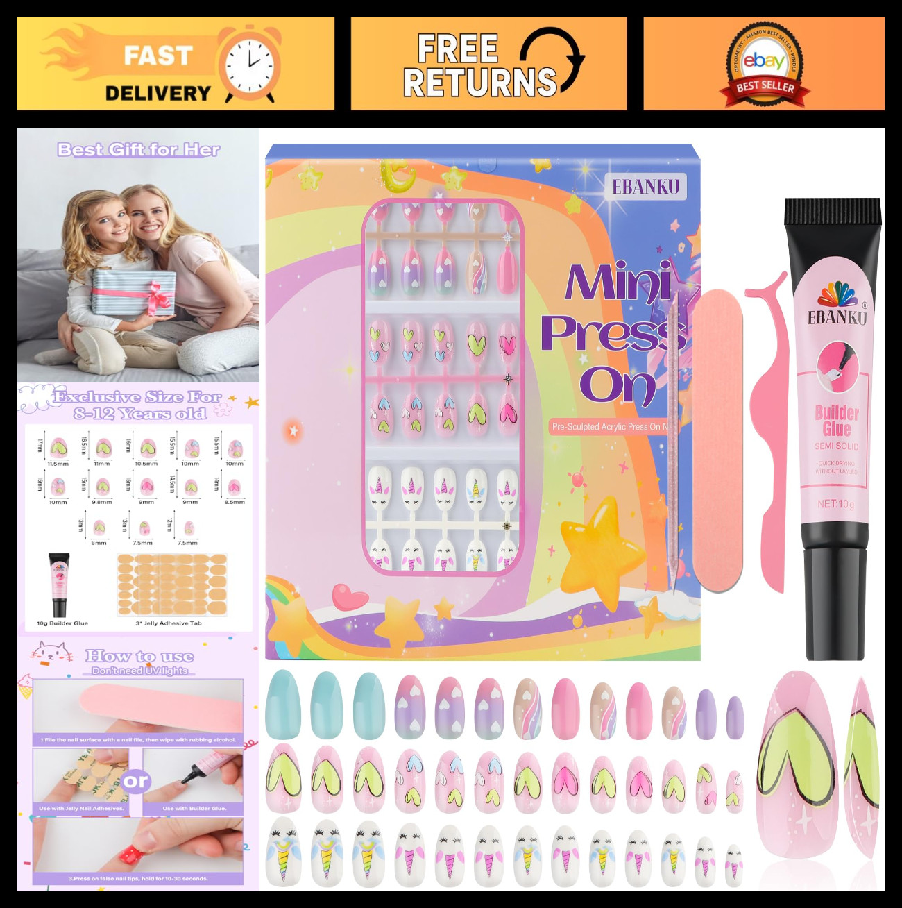 78 Pcs Colorful Heart Press-On Nails for Kids 8-12, Fake Nail Kit with Adhesives