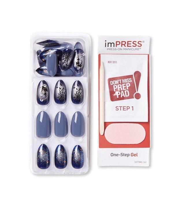 KISS IMPRESS PRESS ON NAILS *FEAR IS NEAR* GRAY BLACK MED OVAL HALLOWEEN