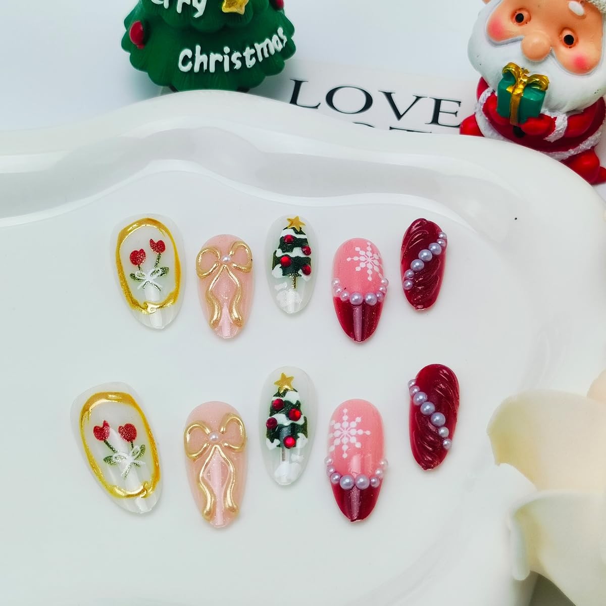 30Pcs Christmas Press on Nails Medium Almond Fake Red French Multicolor