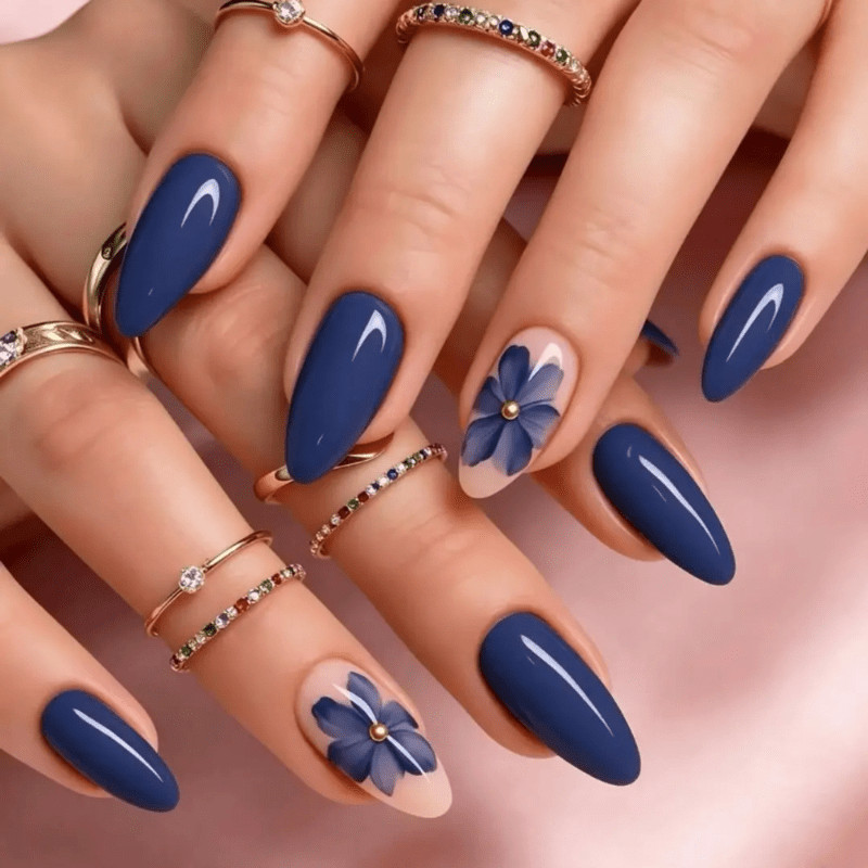 48Pcs-Long Almond Navy Blue Solid Watercolor Blue Flower Gold Press on Nails Set