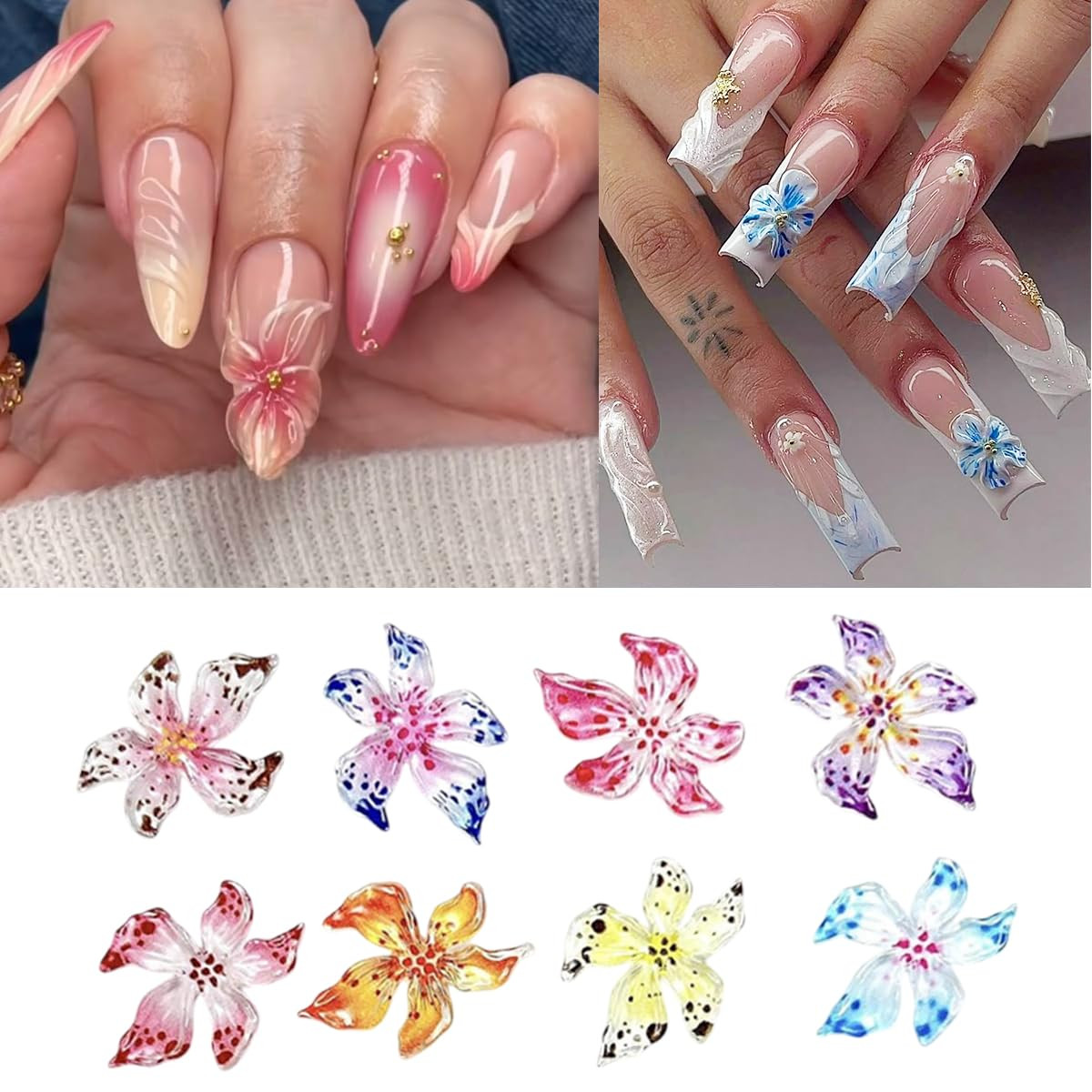 50Pcs 3D Flowers Nail Charm for Nails Flower Resin Nail Rhinestones Spring Hibis