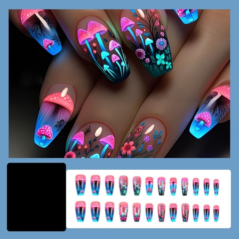 Glowing Mushroom Press on Nail, Medium Coffin with Pink Blue Floral and Neon Art