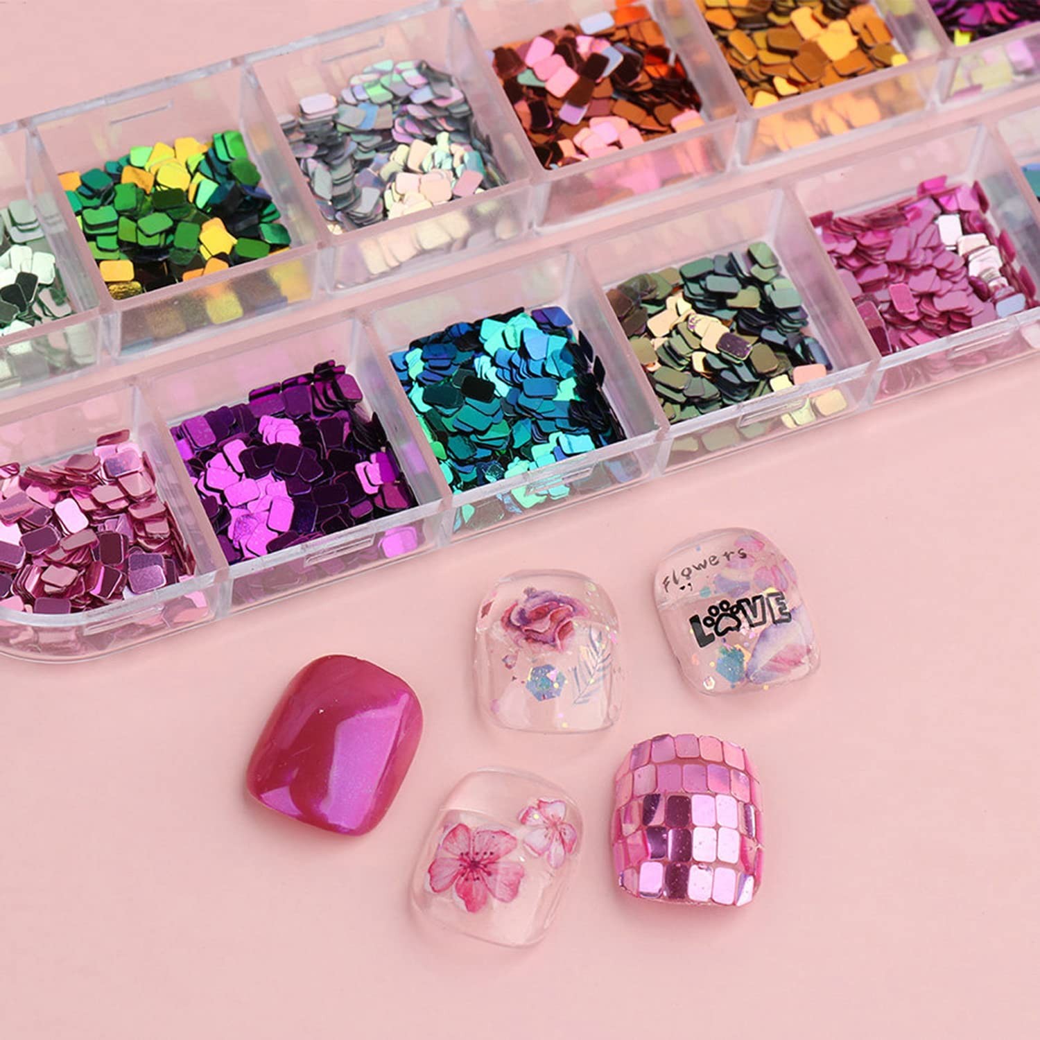 Holographic Square Glitter Flakes, 12 Colors Rectangle Sparkly 12 colors