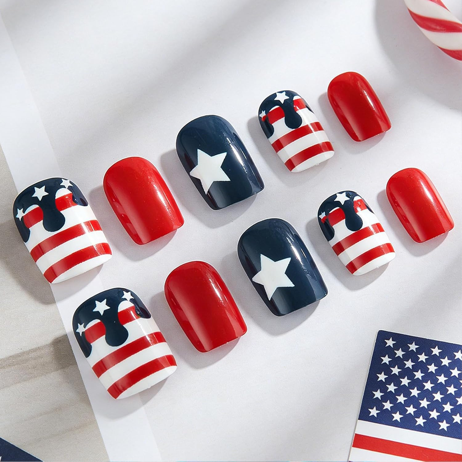 4Th of July Press on Nails Short Square Fourth of July Fake Nails with Stars