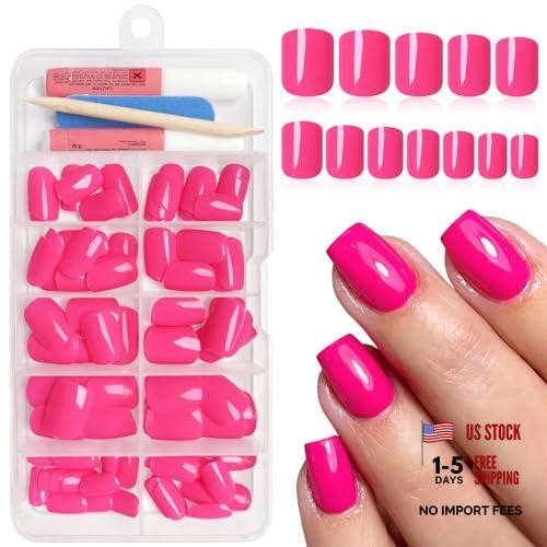Square Press on Nails Short, 120Pcs Glossy Fake Nails Full Cover Hot Pink