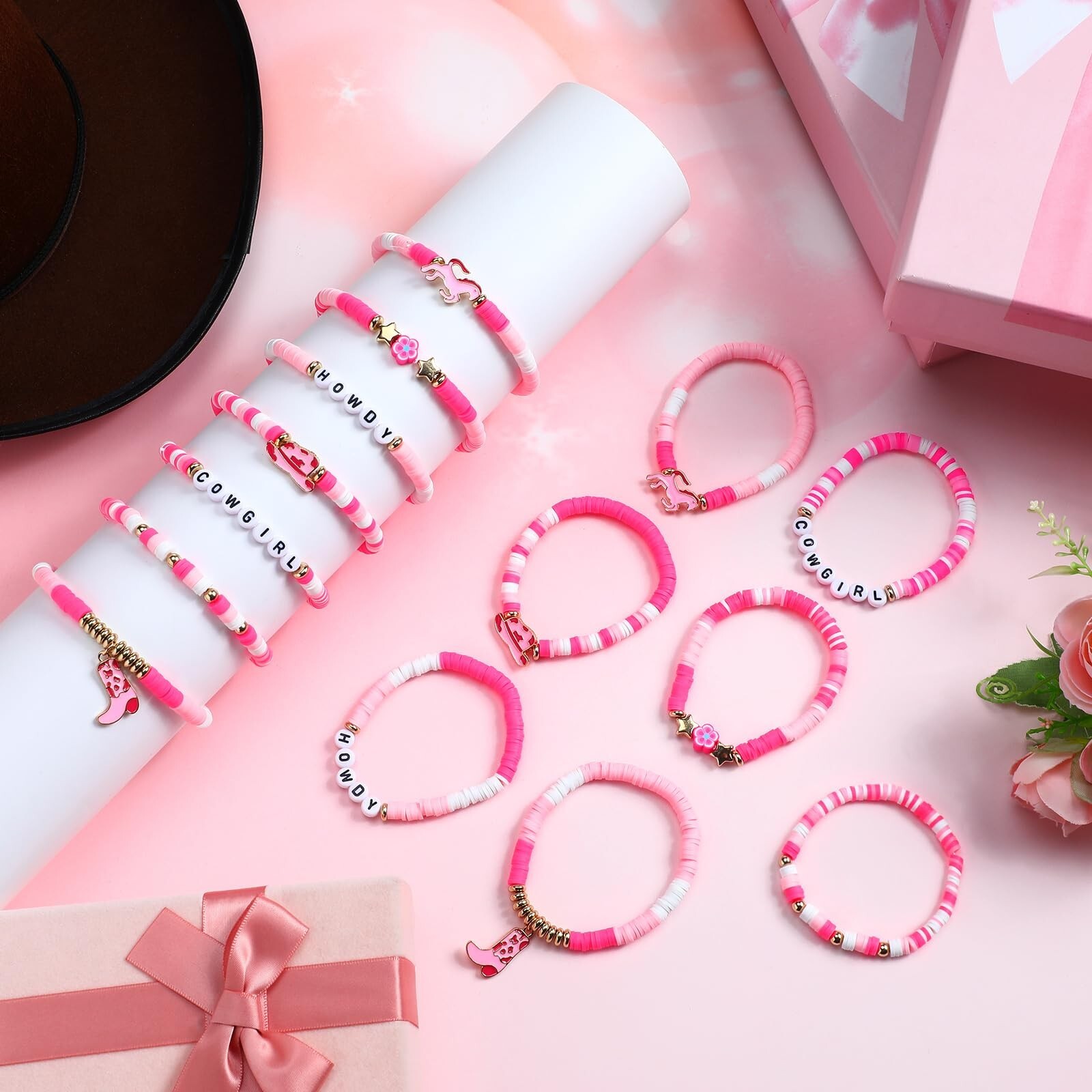 56 Pcs Pink Cowgirl Heishi Bracelets Western Cowgirl Stackable Rainbow Clay B…