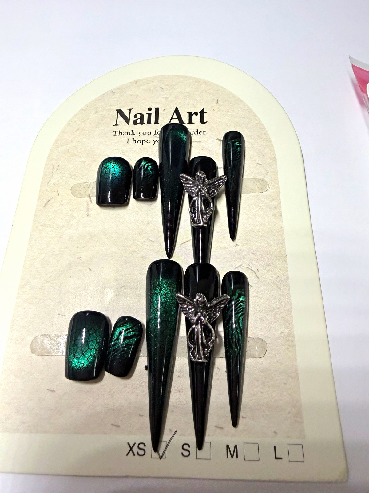 XS SIZE Long Shiny Black & Green 3D Angel Stiletto handmade Press-On Nails