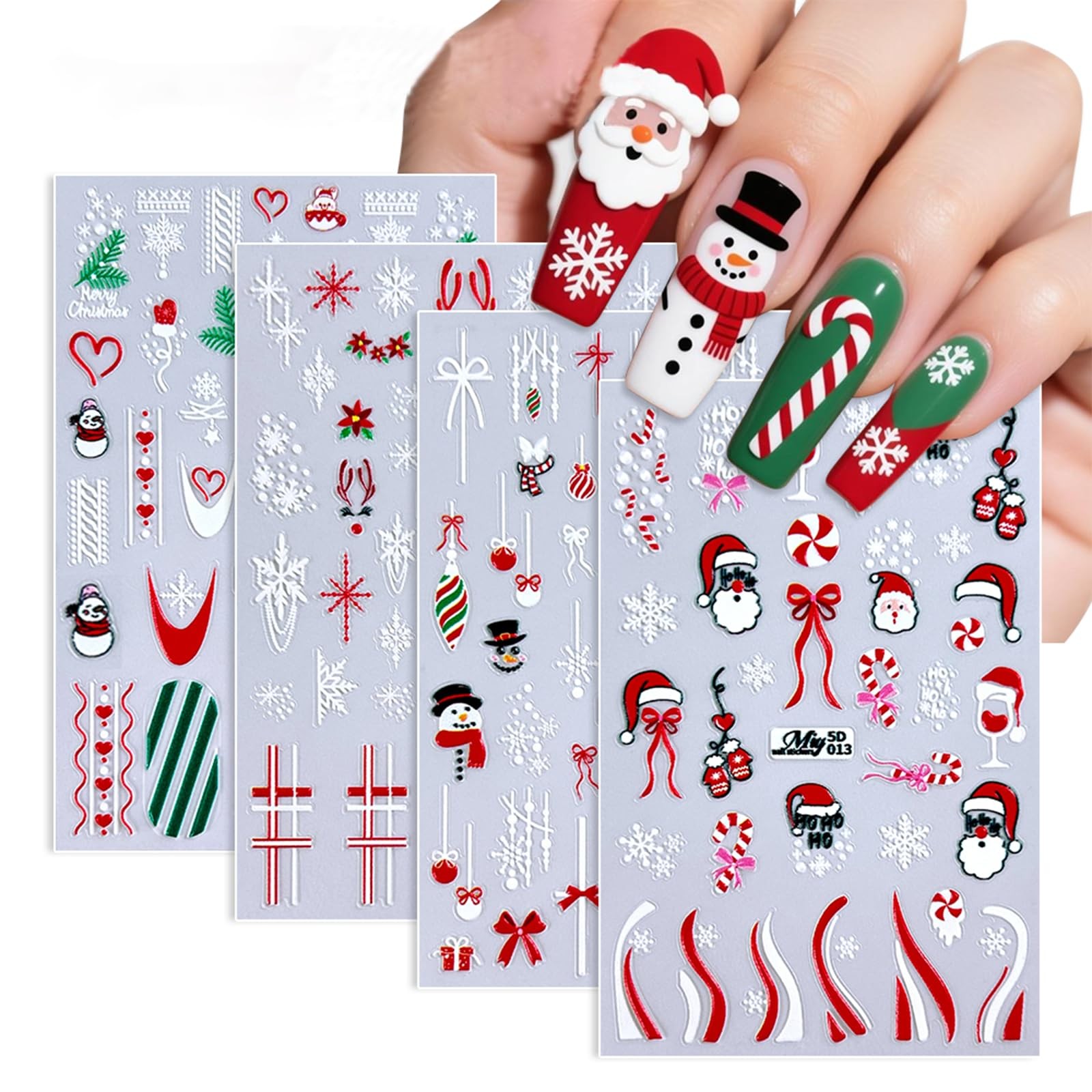 4Sheets Christmas Nail Art Stickers Hot White Lattice Santa Claus Nail Sticke…