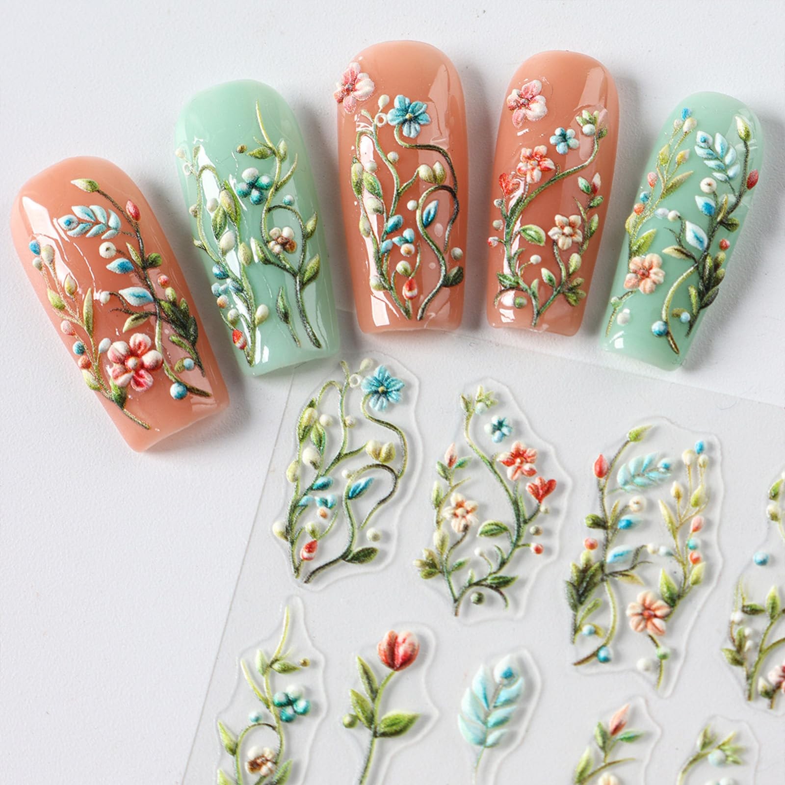 4 Sheets Elegant Spring Flower Nail Multicolour, Green, Orange, Yellow