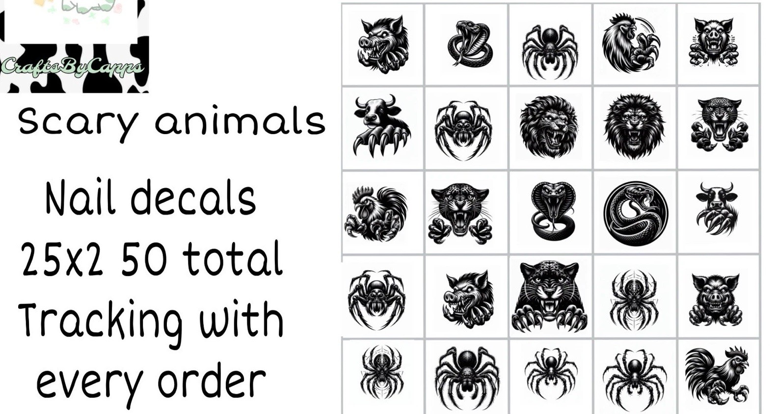 Scary Animals Halloween Goth Waterslide Decals Finger Nail, + (set of 50) + KC