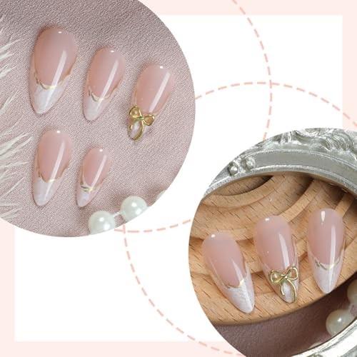 White French Tips Press on Nails 24Pcs Press ons Fingernails Curve Gold Bow