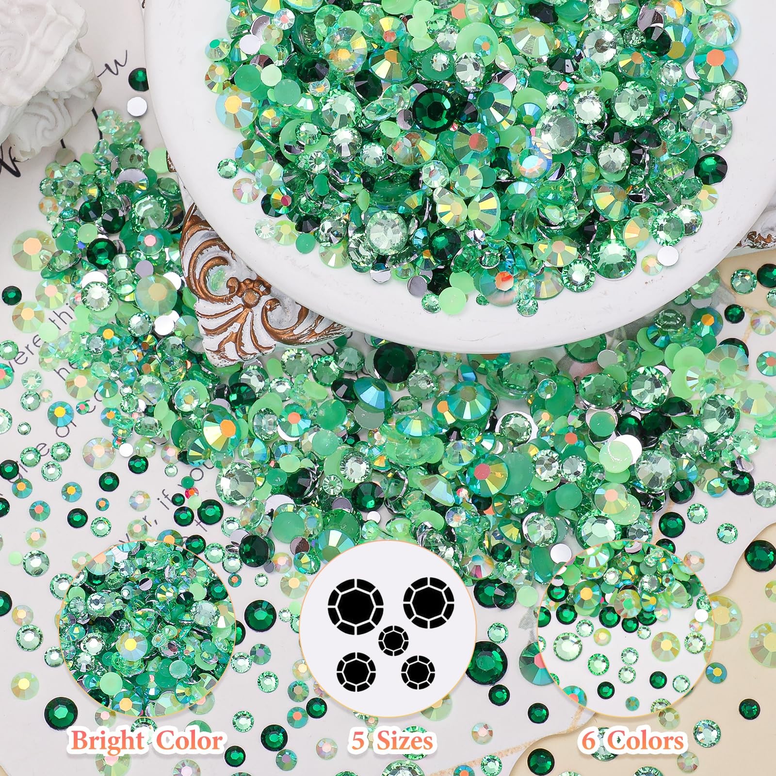 15000 Pcs Green Resin Rhinestones for Crafting, Flatback 2-6 mm Gems Jelly Rh…