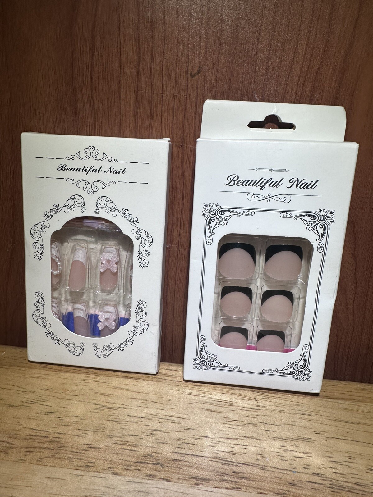 New Women’s Acrylic Hand And Toe Nail Set Combo Natural Black Tips And Tiny Bows