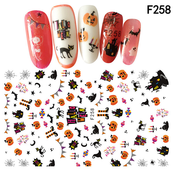 Nail Art Halloween Stickers Water Decals Snakes Goth Skull Pumpkin Scary Bats