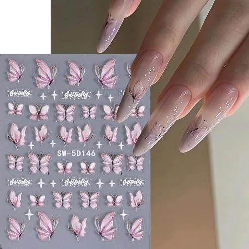 2 Sheets Glitter Butterfly Nail Stickers, Aurora Pink nail stickers 03