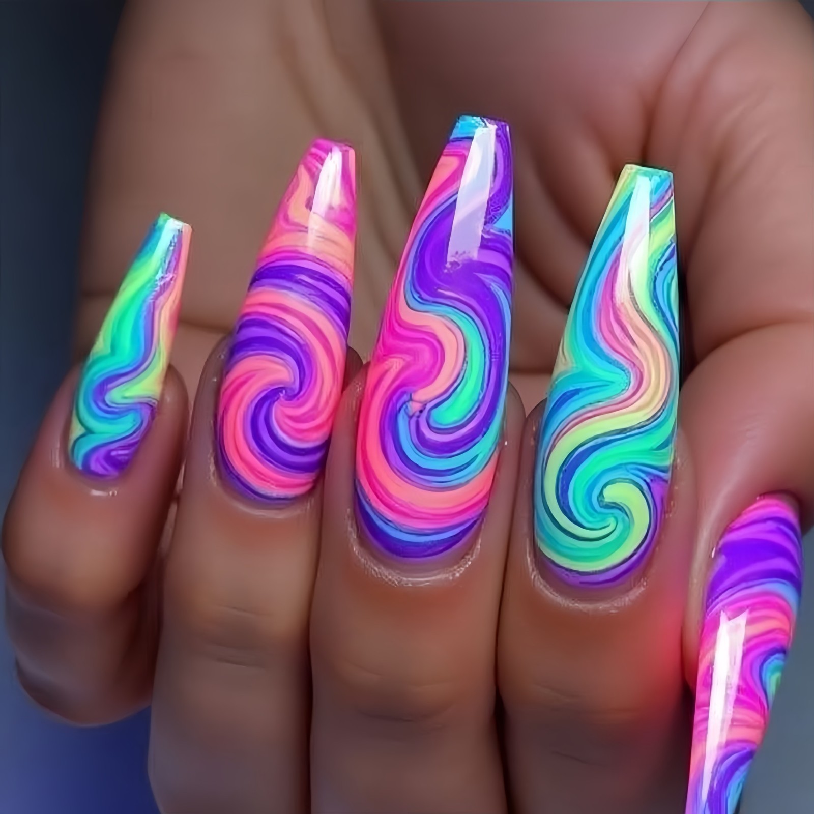 48Pcs Rainbow Swirl Press on Nails Neon Colorful Glossy Stylish Shiny Fake Nails