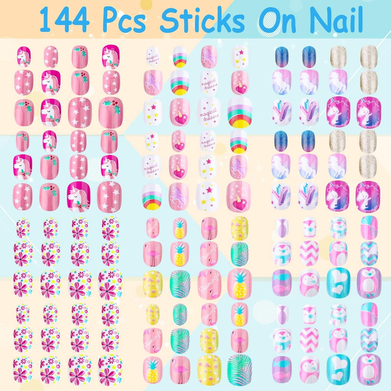 144 Pieces Press on Nails for Kids – Short Acrylic False Nail Tips (Rainbow Sky)