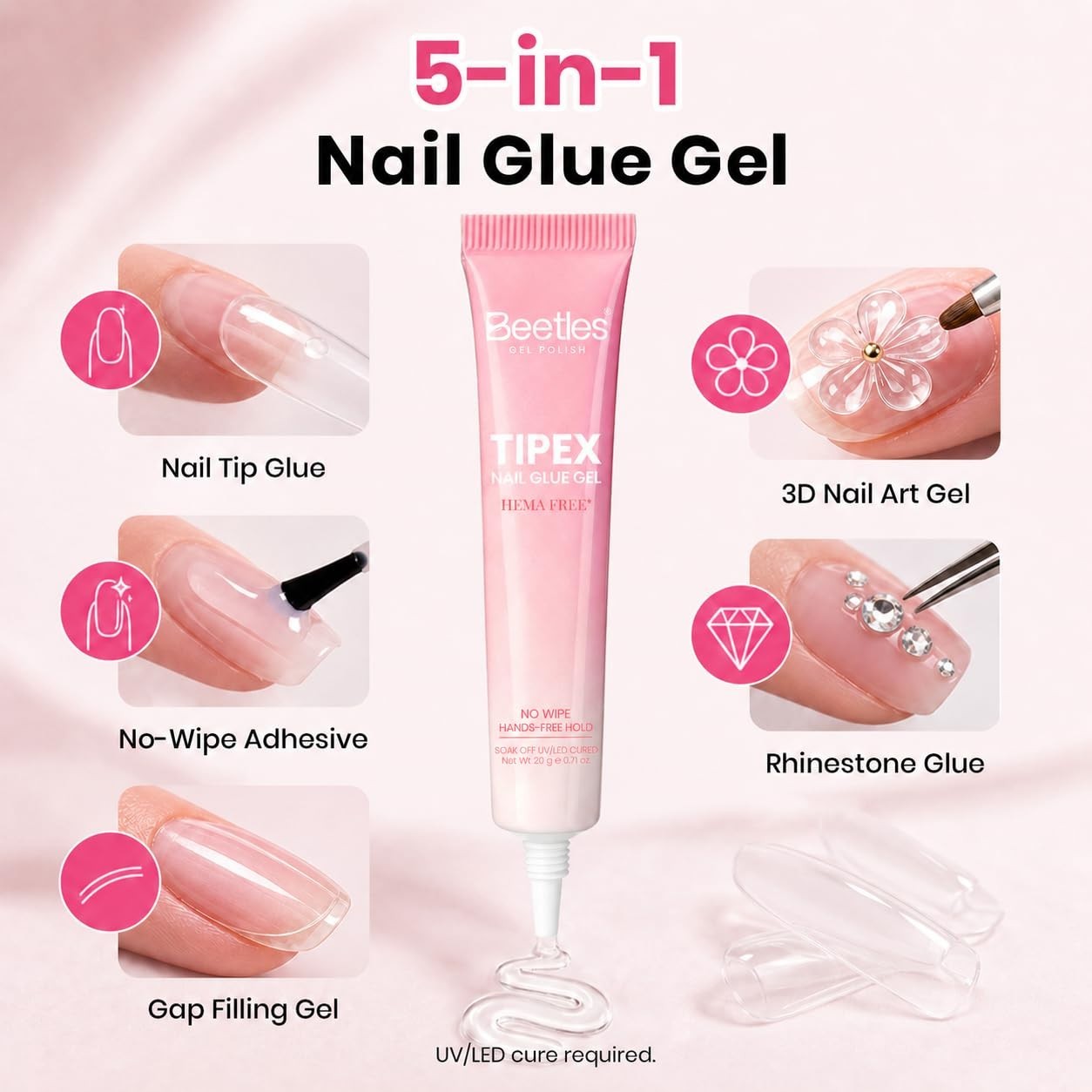 Nail Glue Gel 2Pcs 20g – No Wipe Instant Apex Tips, Hema-Free, Medium Viscosity,