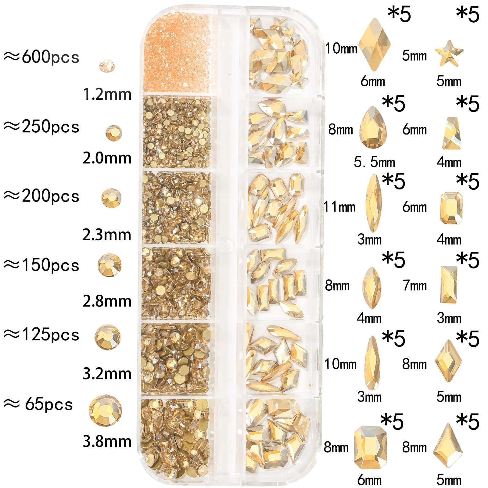 Champagne Gold Nail Rhinestones Kit Flatback Nail Charms Glass Gems Stones 14…