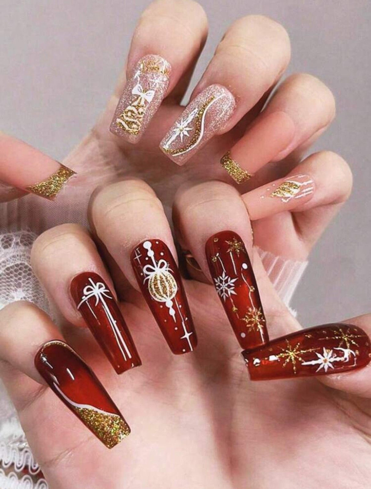 Christmas Nail Art Stickers Decals 3D Glittery Gold White Snowflake Bauble D0504