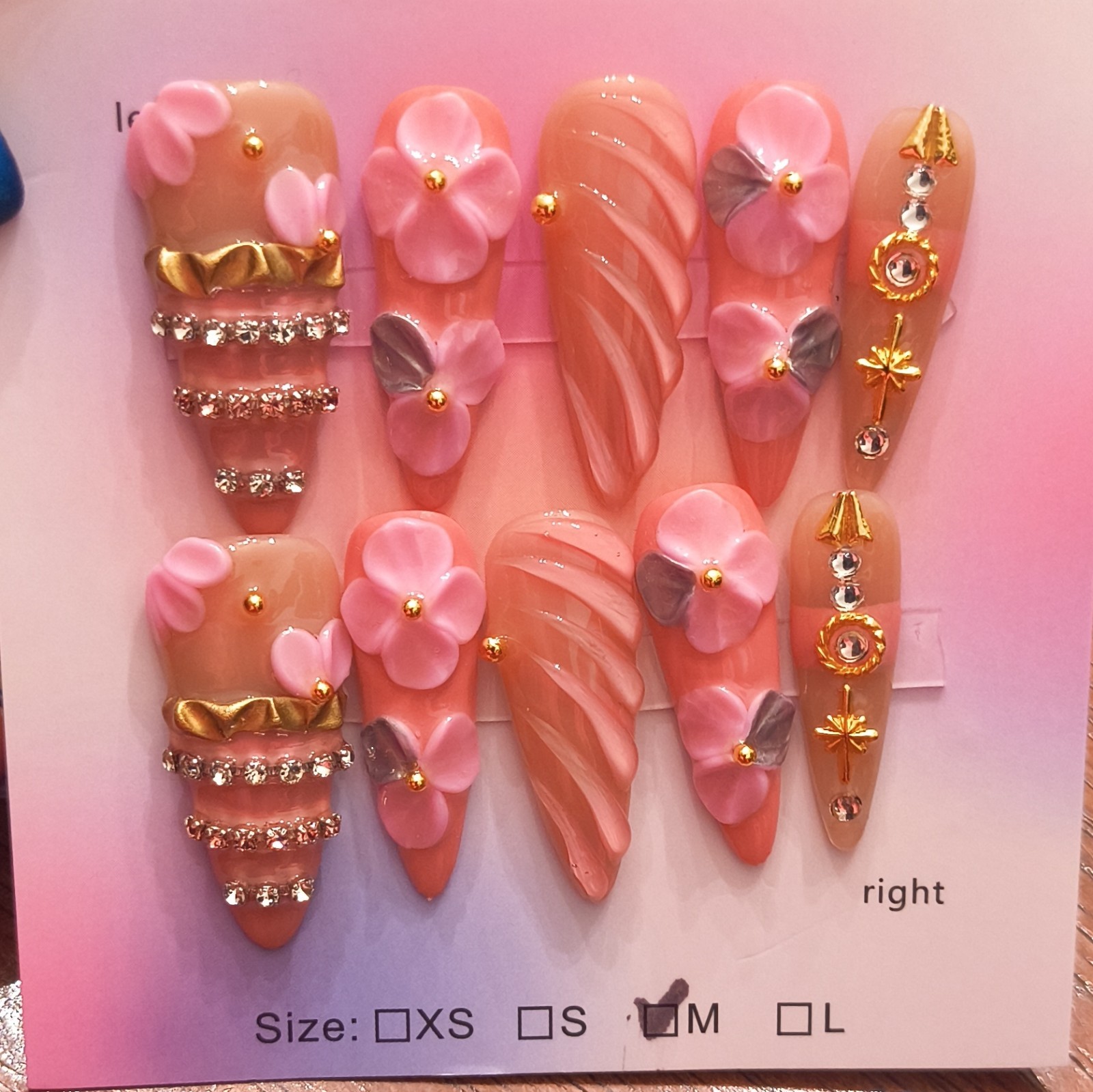 Press-On Nails Medium Stiletto Pink Beige Gold 3D Flower Full Cover Set