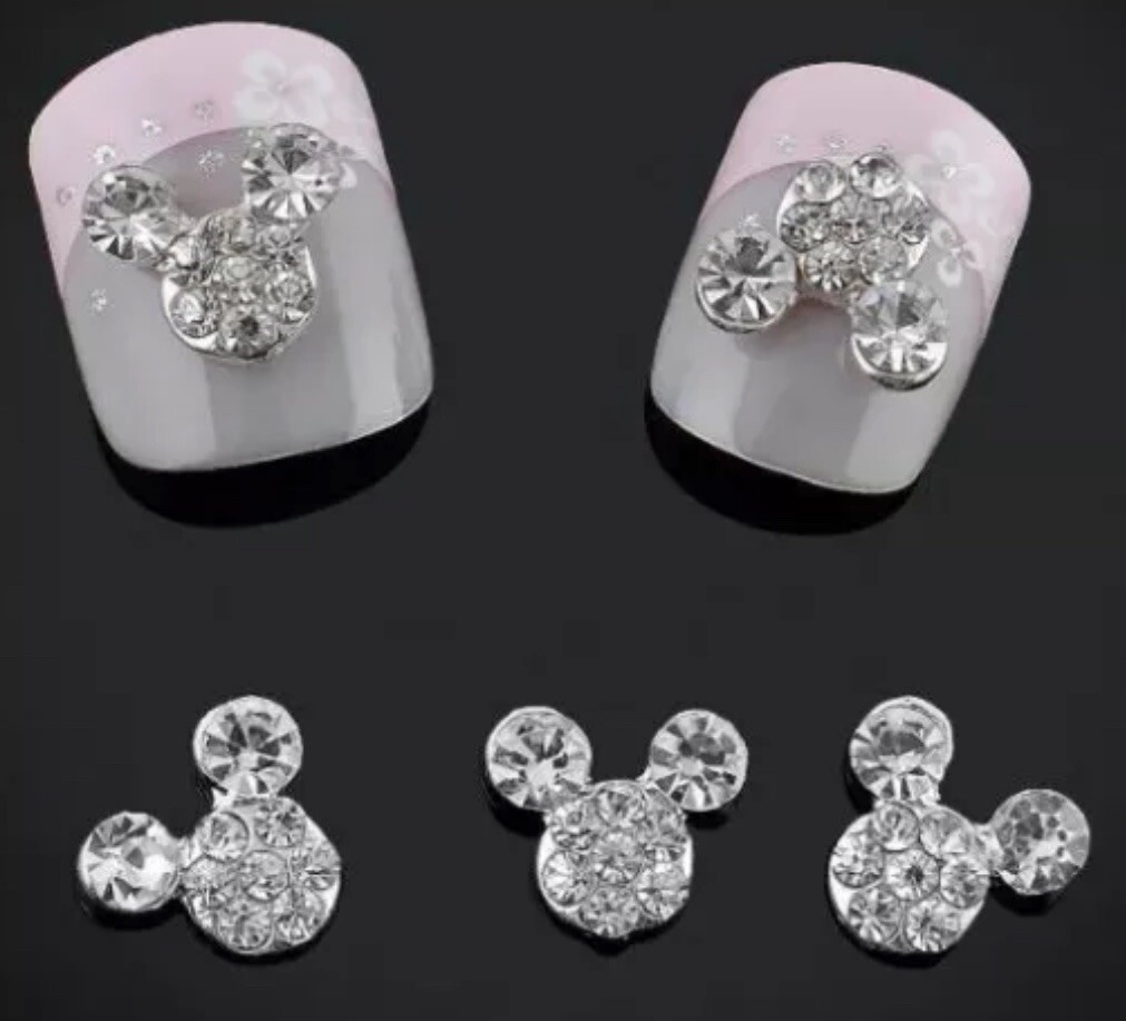 Crystal Rhinestone Mickey Mouse Head 3D Nail Art Set Of 5 Glass Silver Charms