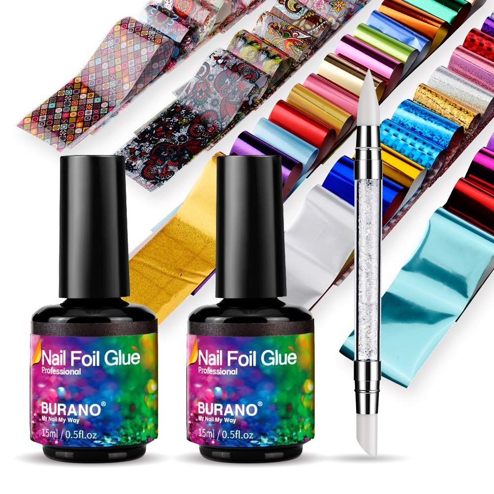 Nail Art Foil Glue Gel 15ML – 2 Bottles + 60PCS Foil Stickers for Nail Design