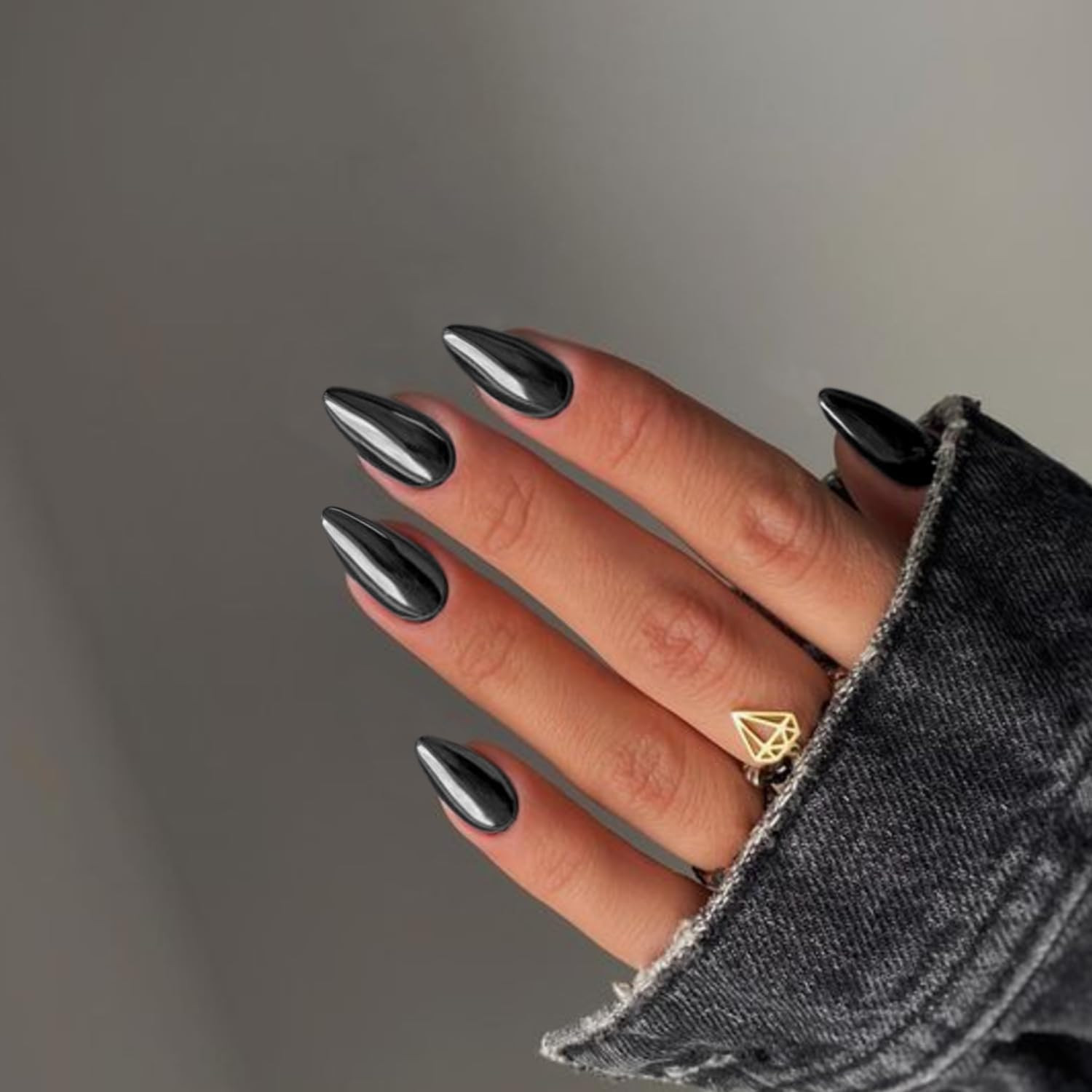 Black Chrome Press on Nails Medium Almond Nails Press ons Metallic Nails Glue on