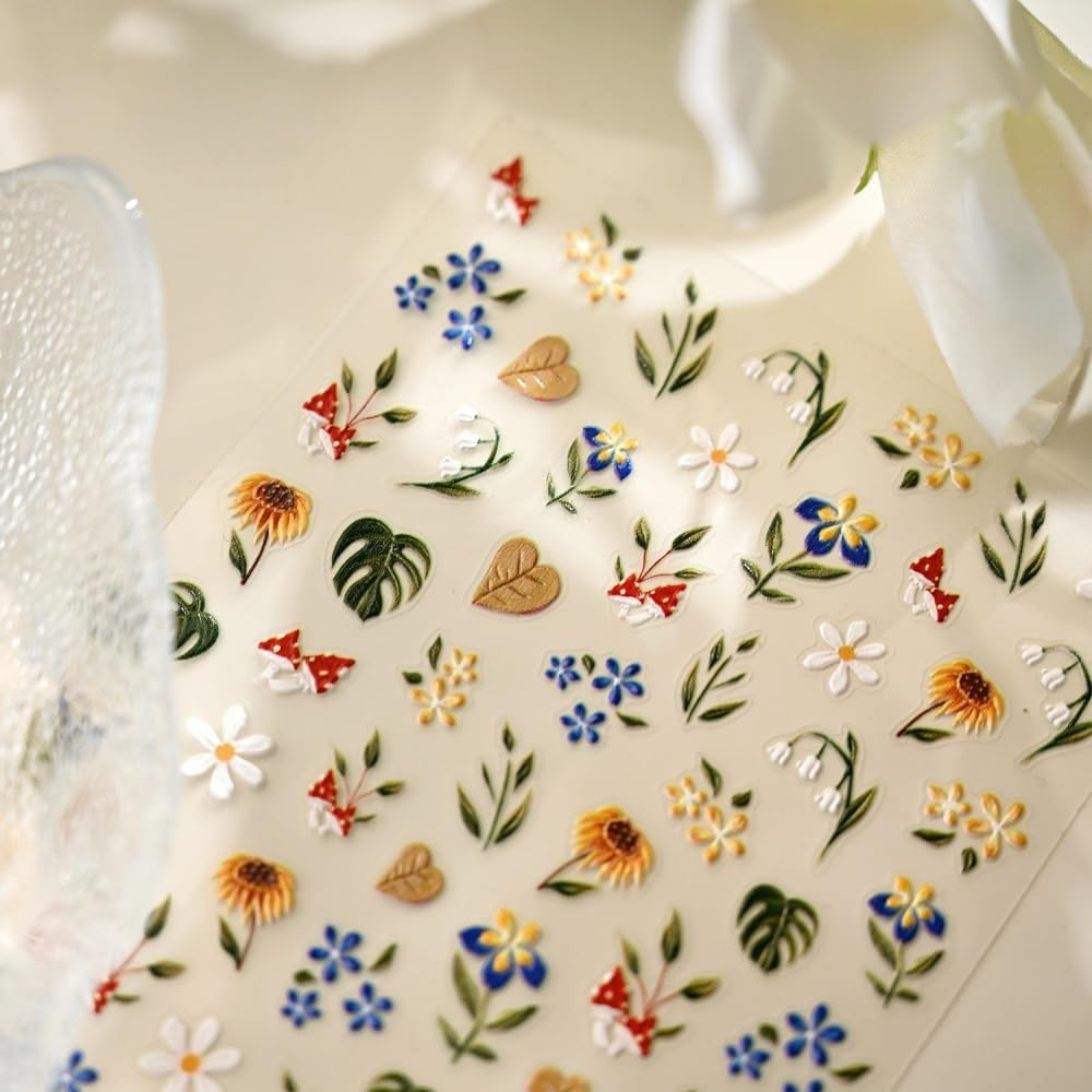 Flower Nail Stickers Floral Daisy Nail Decals 5D Embossed Blue Yellow Nail Desig