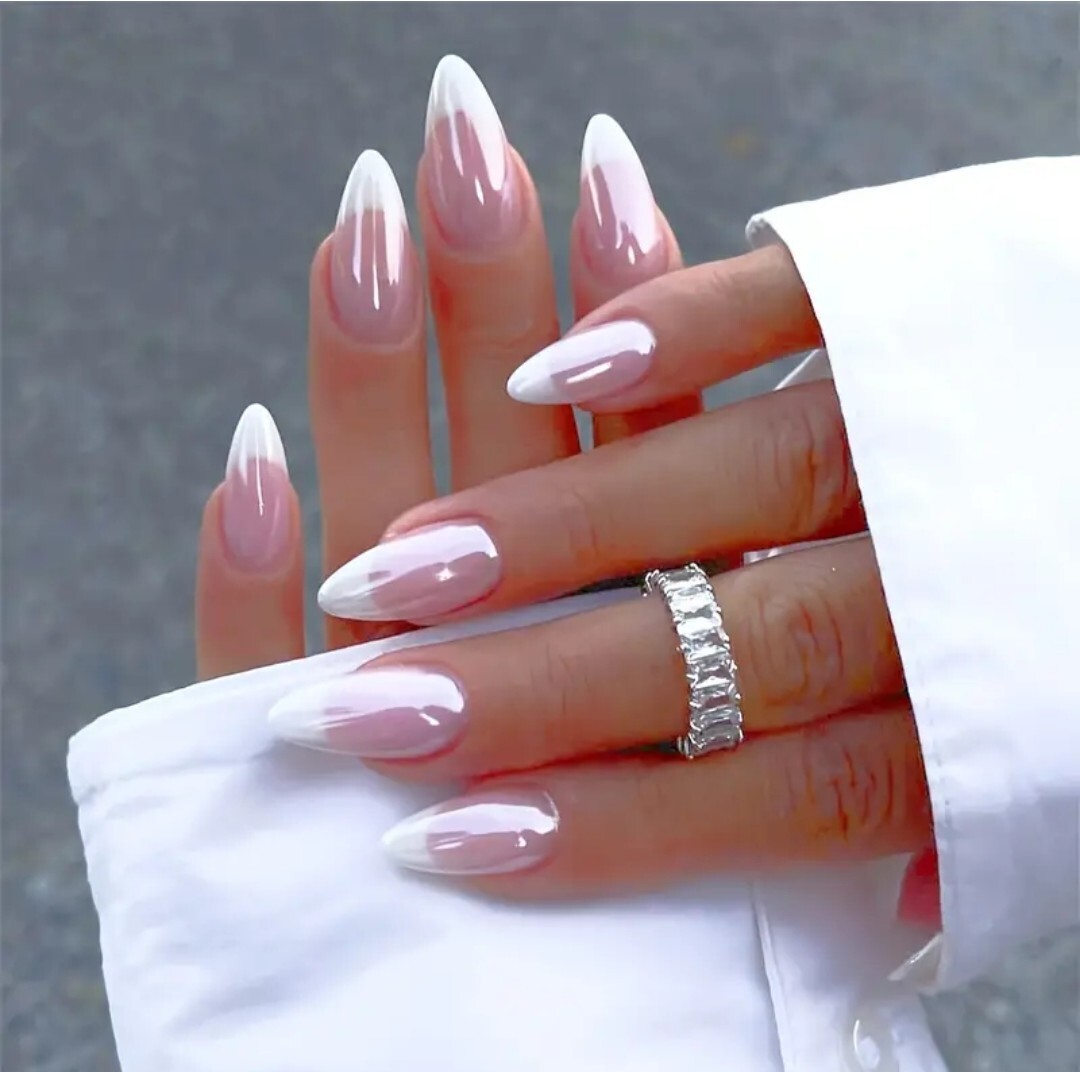 24pcs/set White French Tip Press On Nails Medium Almond Aurora Fake Nails Simple