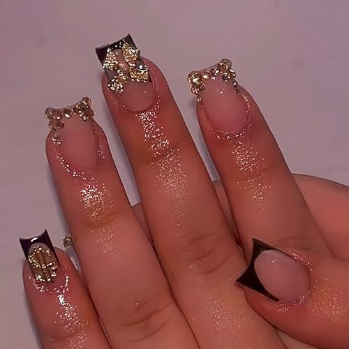 24pcs Black French Tip Press on Nails Short Square Gold 3D black french tips