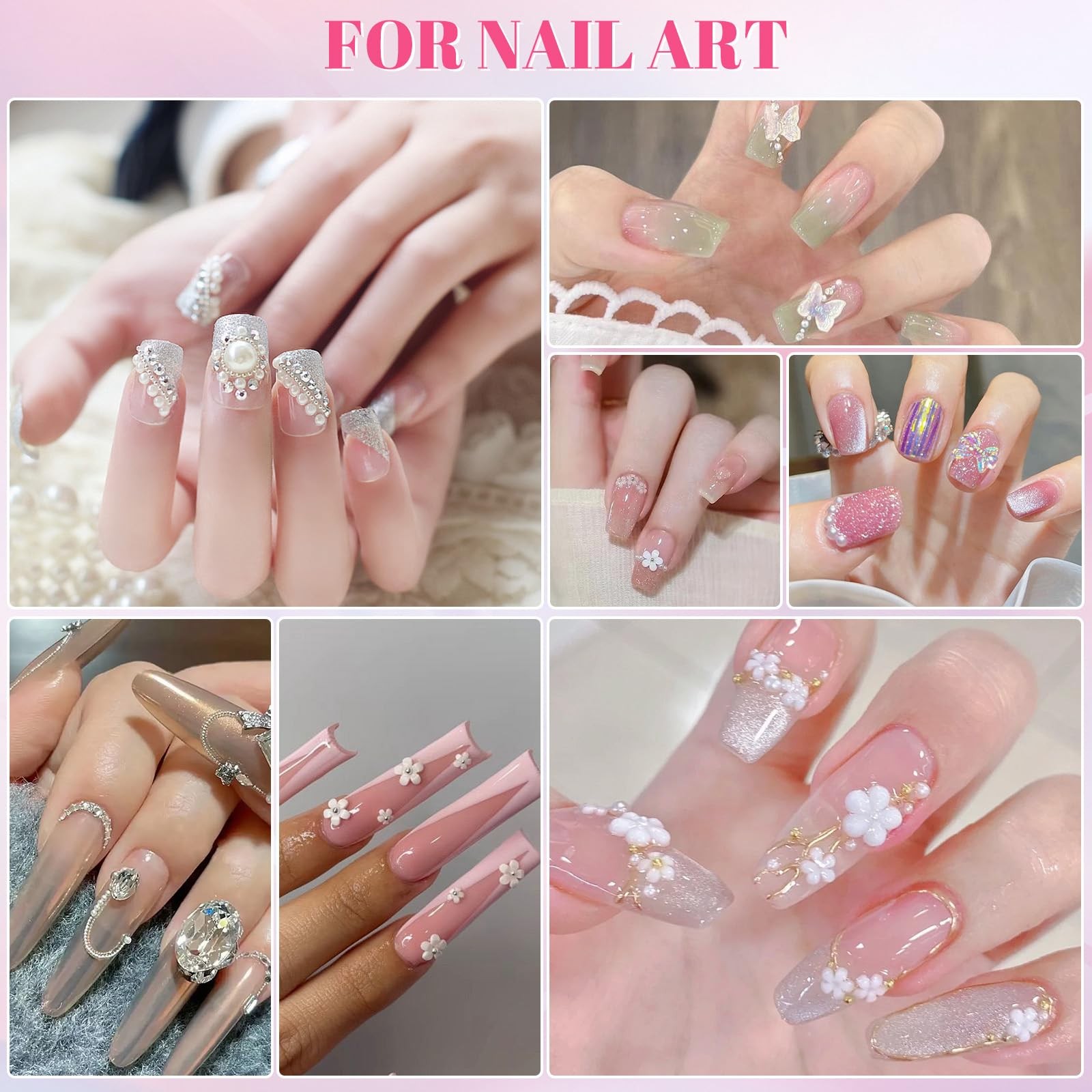 2 Boxes Assorted Nail Charms and Gems, White Flower Nail Charms Aurora Bow Me…