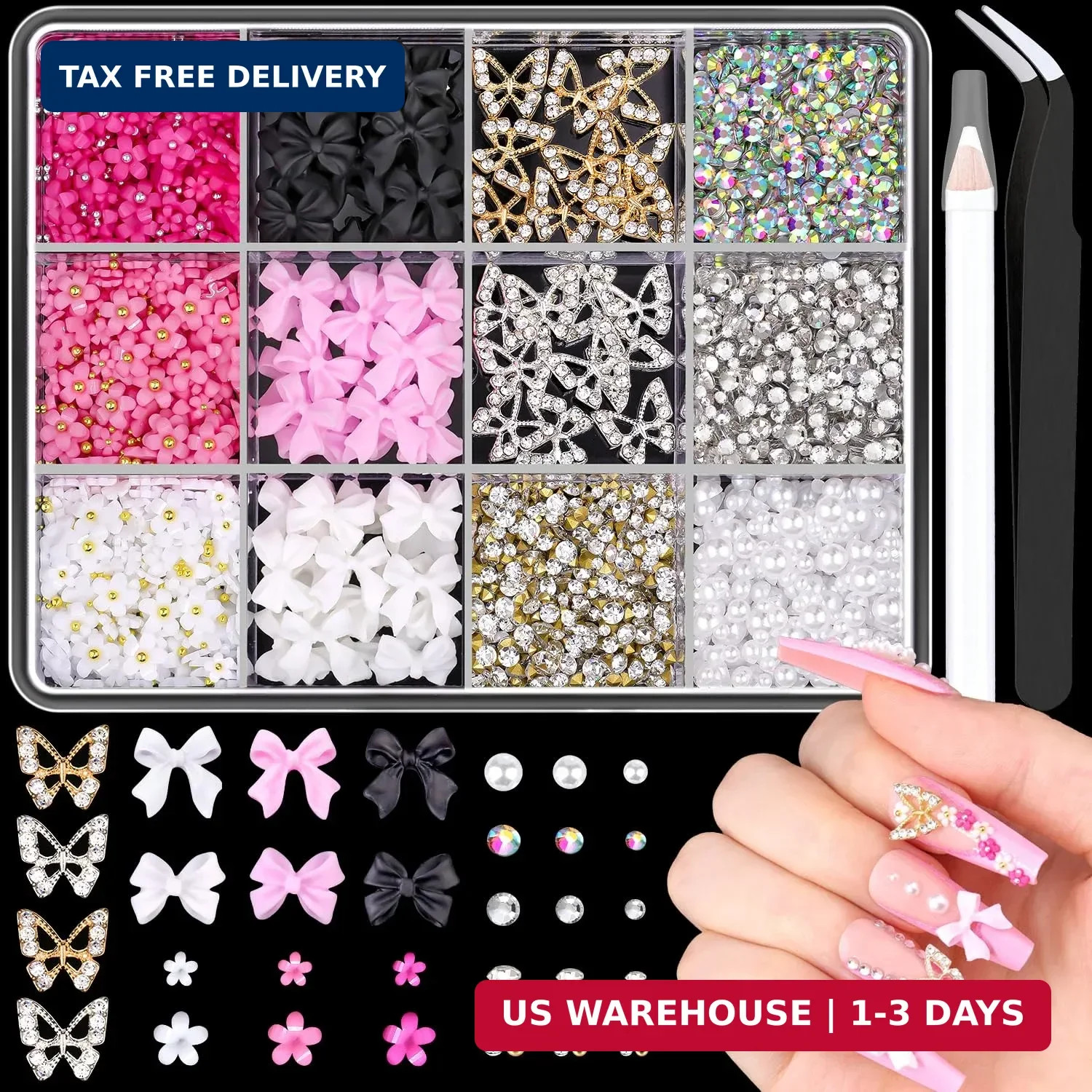 3D Nail Charms and Gems Set 9, 20PCS Chunky Butterfly Charms + 60PCS Coquette Na