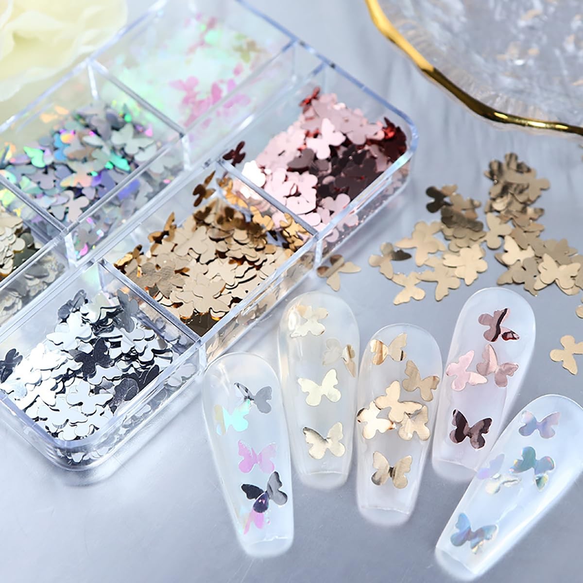 6 Grids Holographic Butterfly Nail Art Glitter Sequins 3D Sparkly Laser Butte…