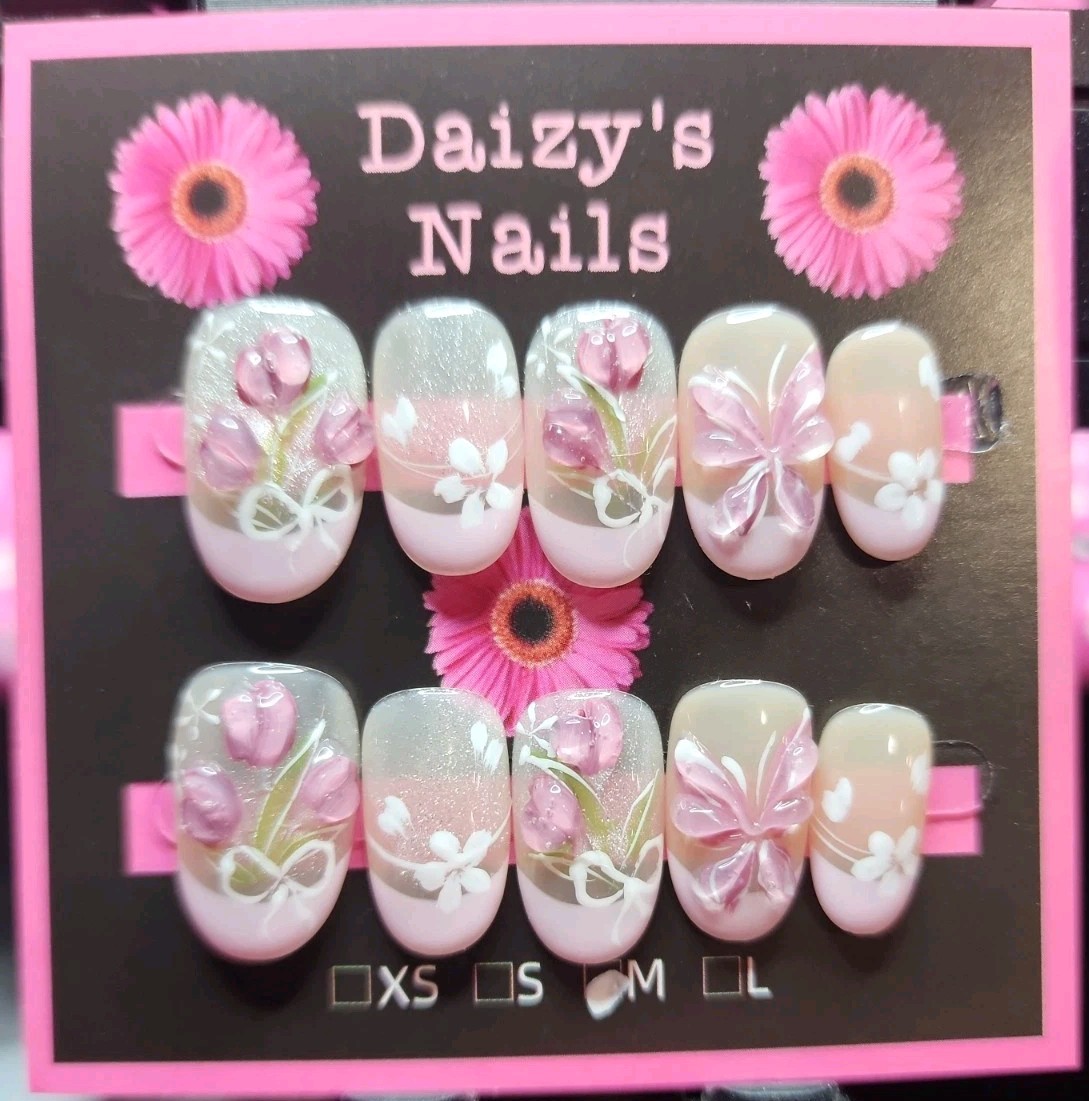 Medium Size Press-on Nail 10Pc Set Handmade Oval Purple Tullip 2.0 Cm Length