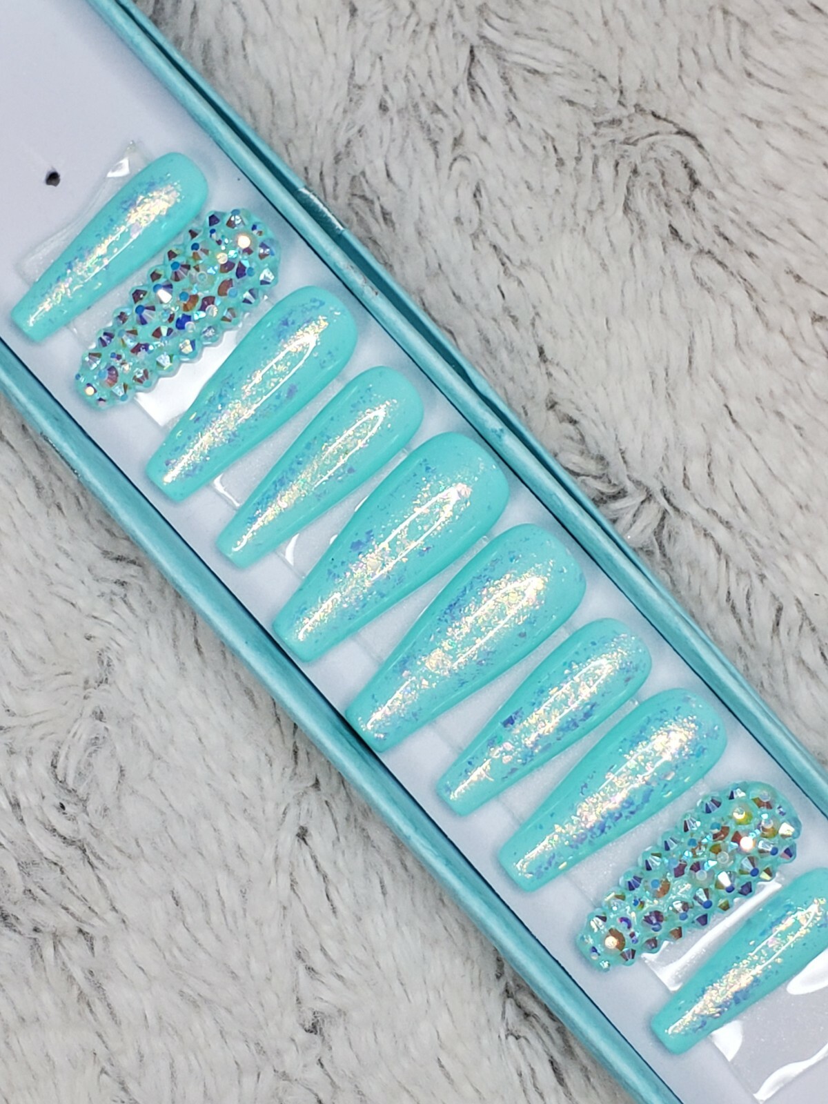 Teal green Mermaid crystal opal glitter bling press on nails luxury diamond