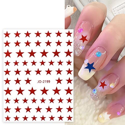 6 Sheets Red Blue White Star Nail Stickers, 3D Self-Adhesive Classic Star Nail
