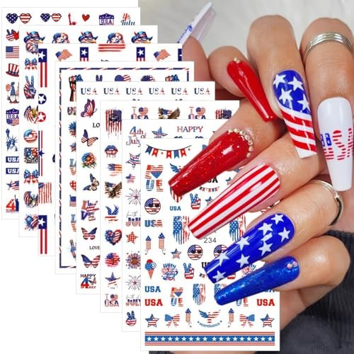 8Sheets 4th of July Nail Art Stickers Independence Day 4th of July Stickers-7