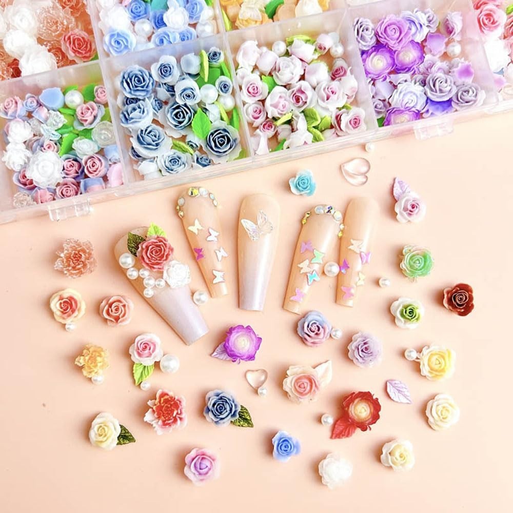 Colorful Flower Nail Charms Set – 24 Mixed Floral Designs with Pearl Leaves & Re